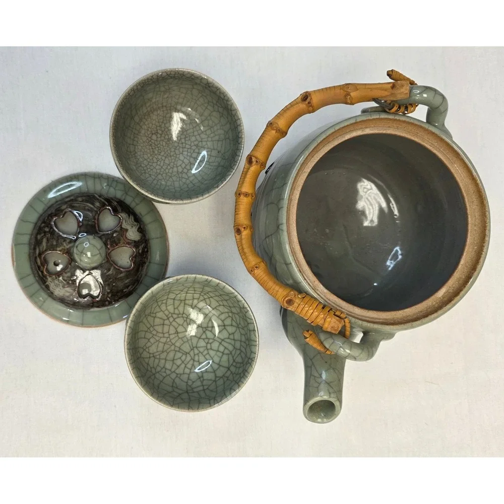 Japanese Crackle Glaze Celadon Tea Set Bamboo Handle Teapot and 2 Cups Heart Cut